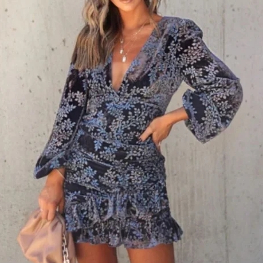 VICI Floral Ruched Ruffle Velvet Long Sleeve Dress
